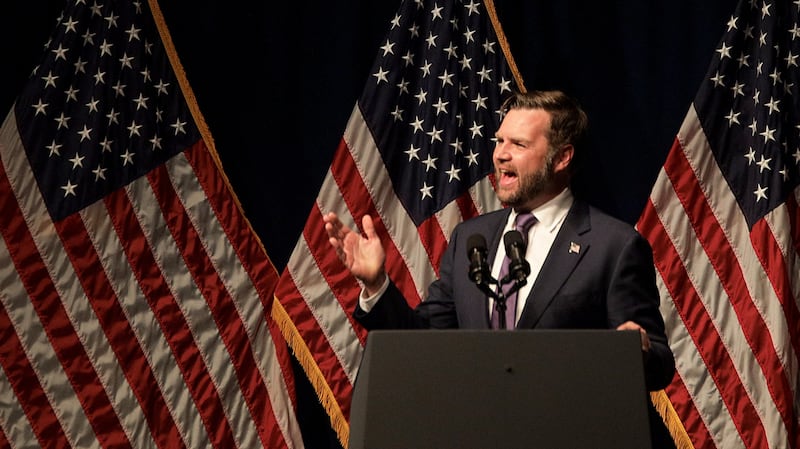 U.S. Vice President JD Vance speaks during an Ohio Republican party dinner in Lima, Ohio, U.S. June 24, 2025.  REUTERS/Megan Jelinger
