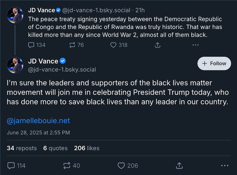 Vice President JD Vance declared that President Donald Trump has “done more to save Black lives than any leader in our country.” He did not make a similar post on other social media platforms.