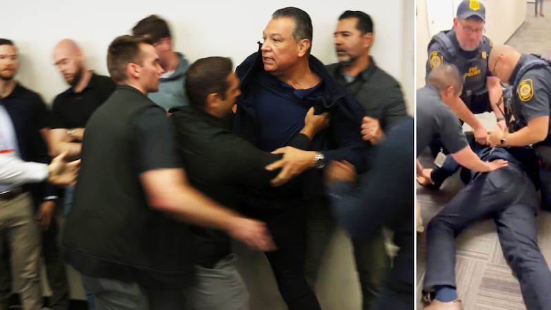 A photo composite of U.S. Sen. Alex Padilla is pushed out and arrested as Homeland Security Secretary Kristi Noem holds a news conference in Los Angeles on June 12.