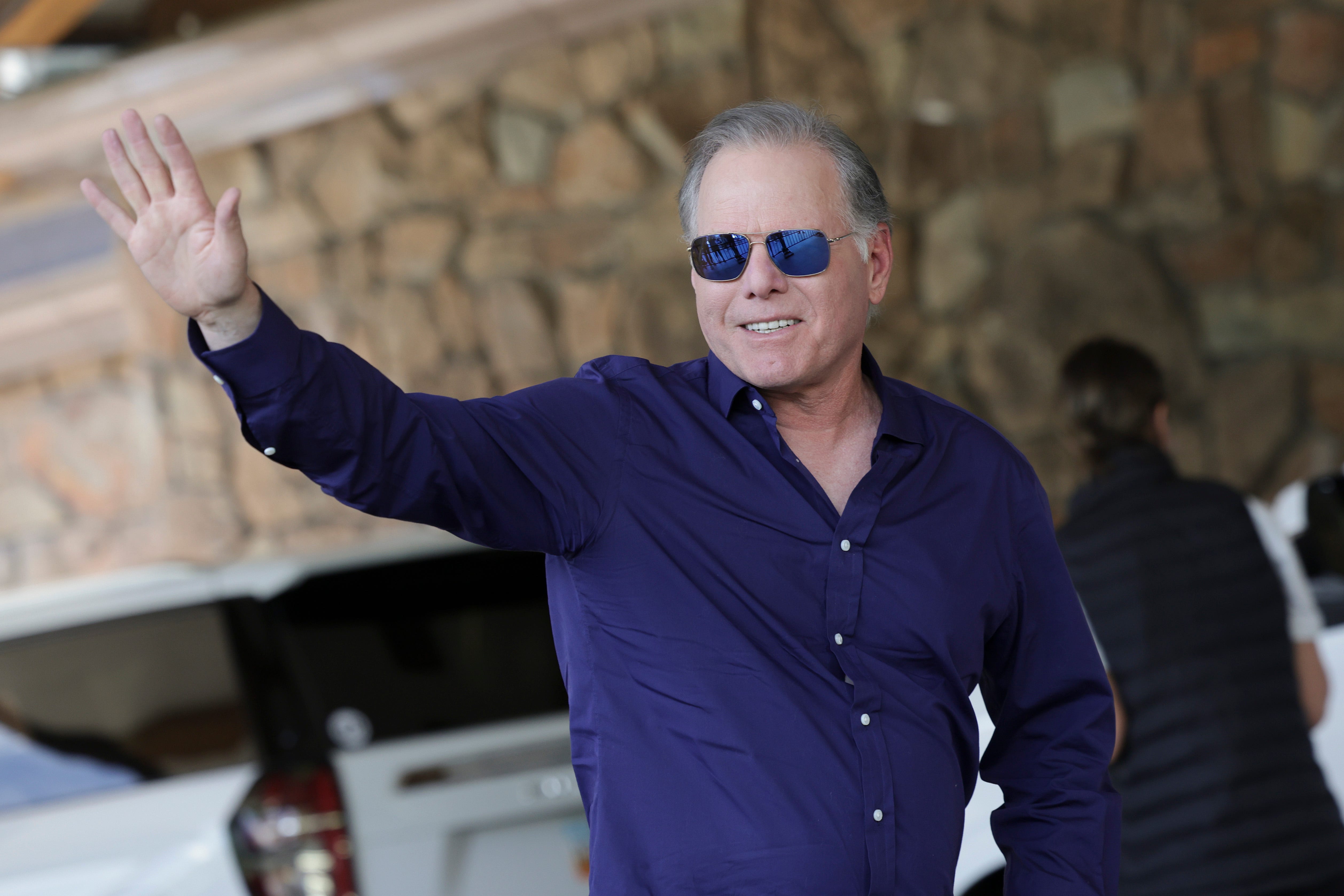 Warner Bros. Discovery CEO David Zaslav talks to the media as he arrives at the Sun Valley Resort for the Allen & Company Sun Valley Conference, July 2022