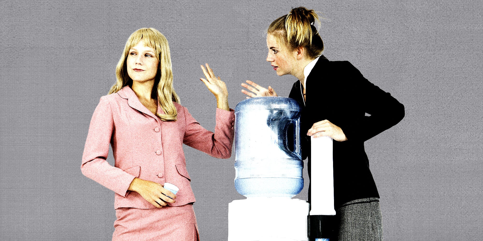 Two women talking at a water cooler and one woman is putting her hand up like she does not want to talk to the other woman