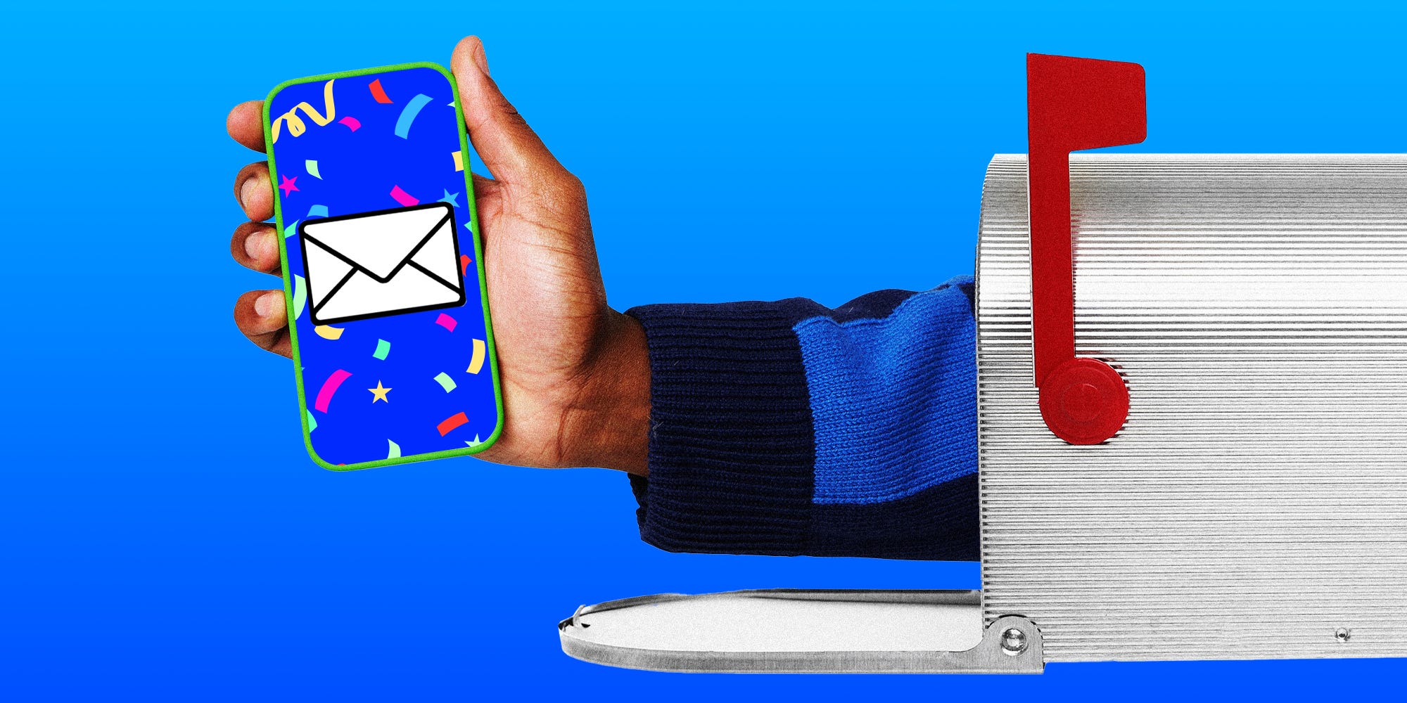 A hand coming out of a mailbox holding a phone with an E-vite on it