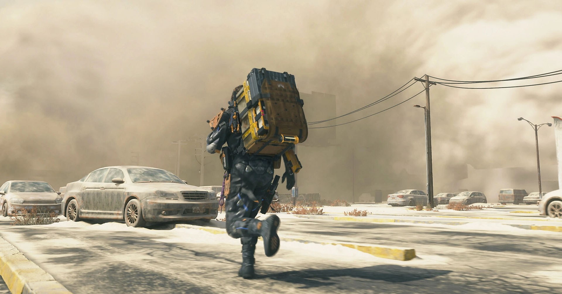 A Death Stranding 2 screenshot showing Sam carrying a packet on this back. He is running in a desolated road with lots of abandoned cars.