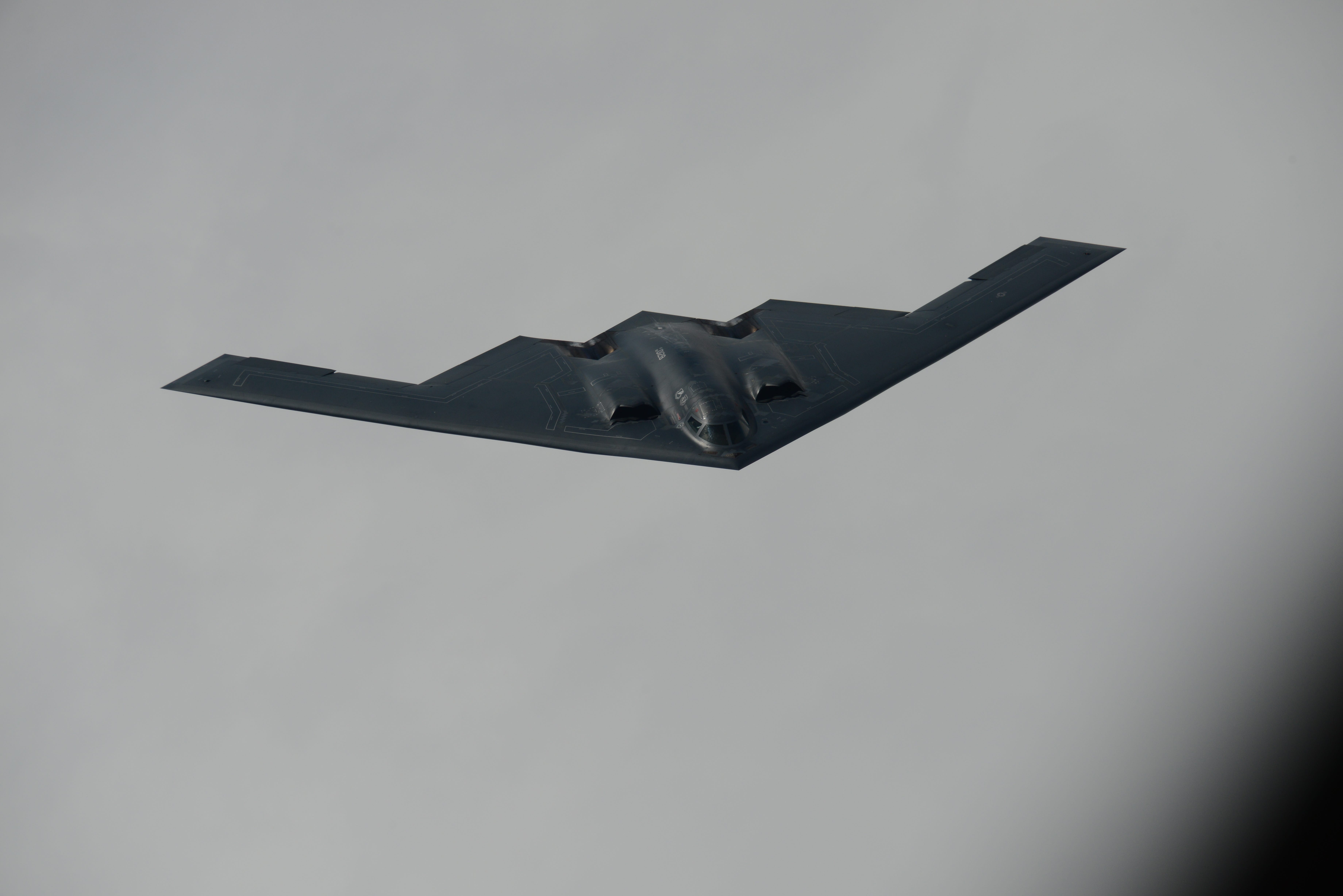 A B-2 bomber against a solid gray sky.
