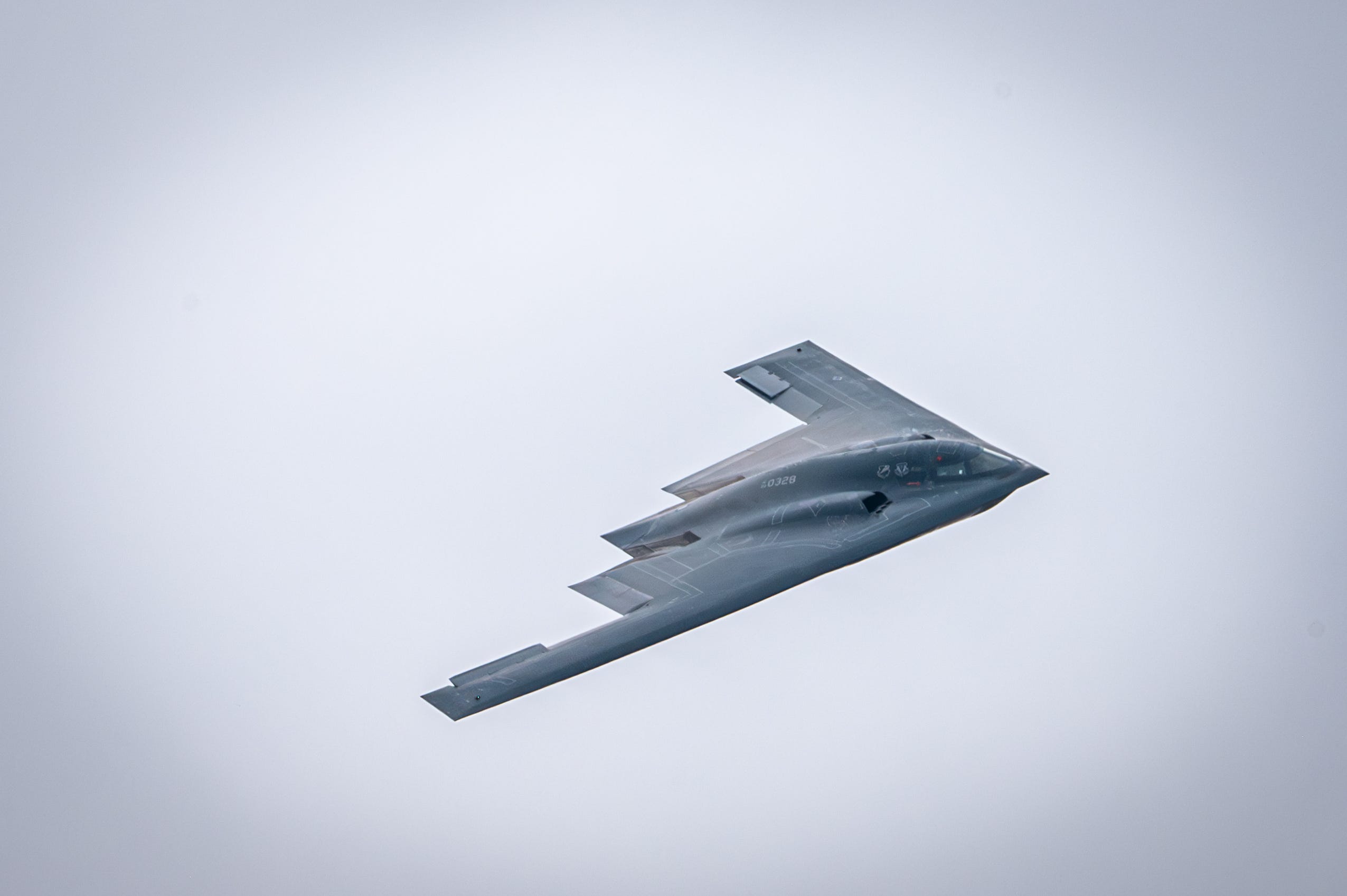 A US Air Force B-2 Spirit Bomber performs a fly-over during the Speed of Sound Airshow, at Rosecrans Air National Guard Base in St. Joseph, Missouri, September 14, 2024.