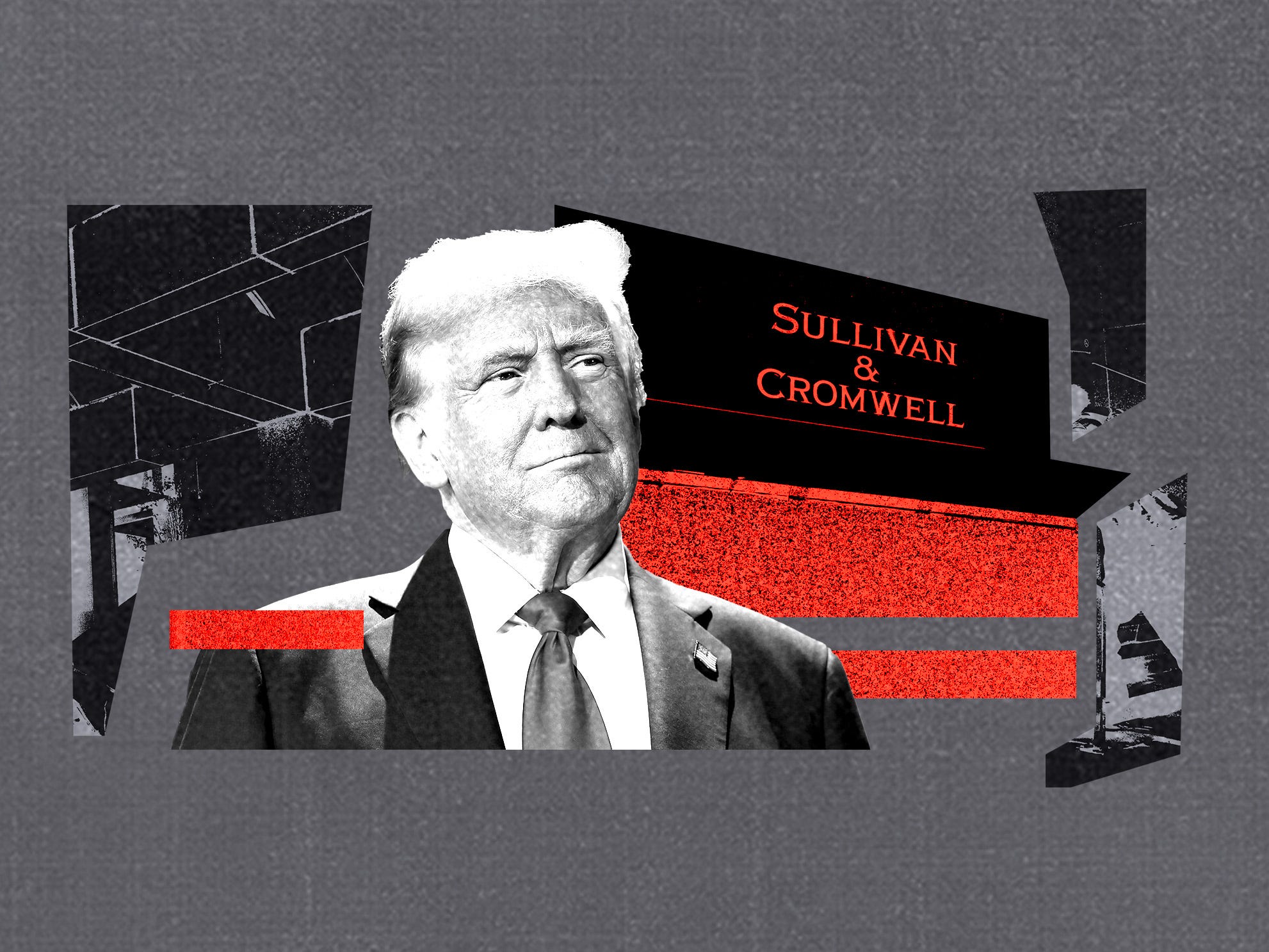 Trump with the Sullivan & Cromwell sign.
