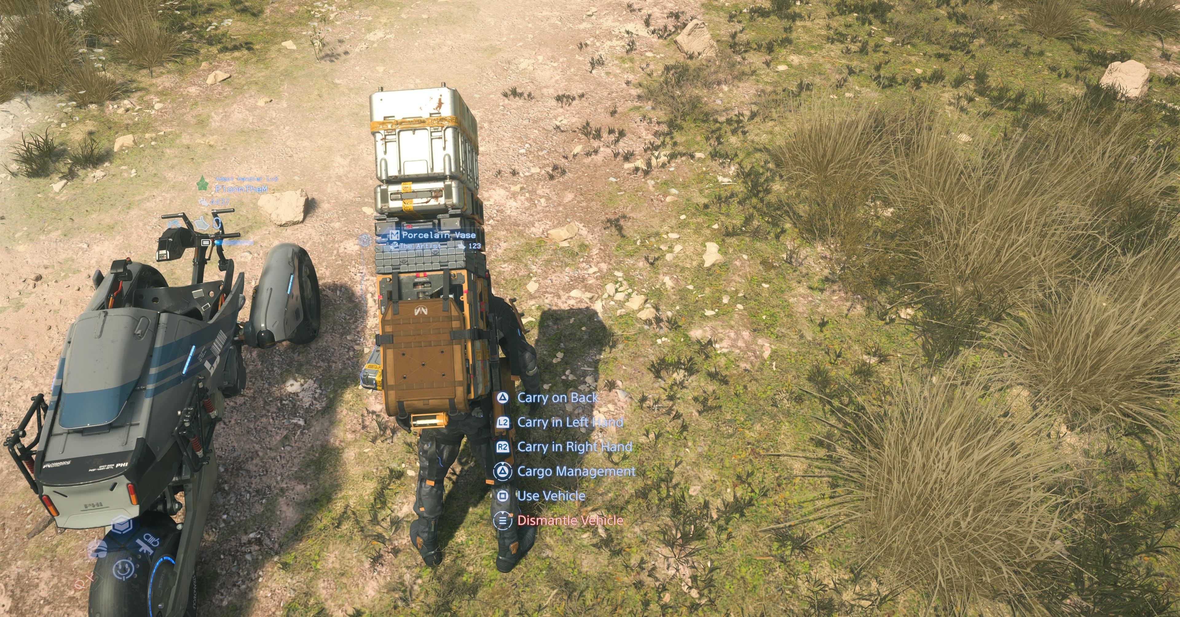 Sam collecting the Artist’s cargo in Death Stranding 2