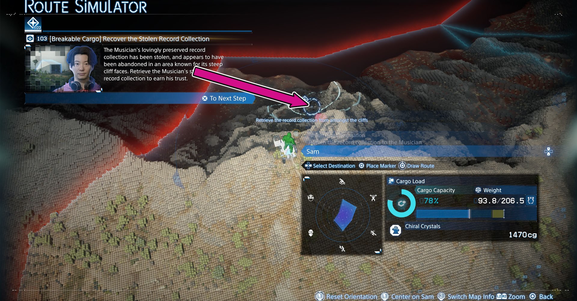 A Death Stranding 2 screenshot showing on the map the route to find the stolen record collection.