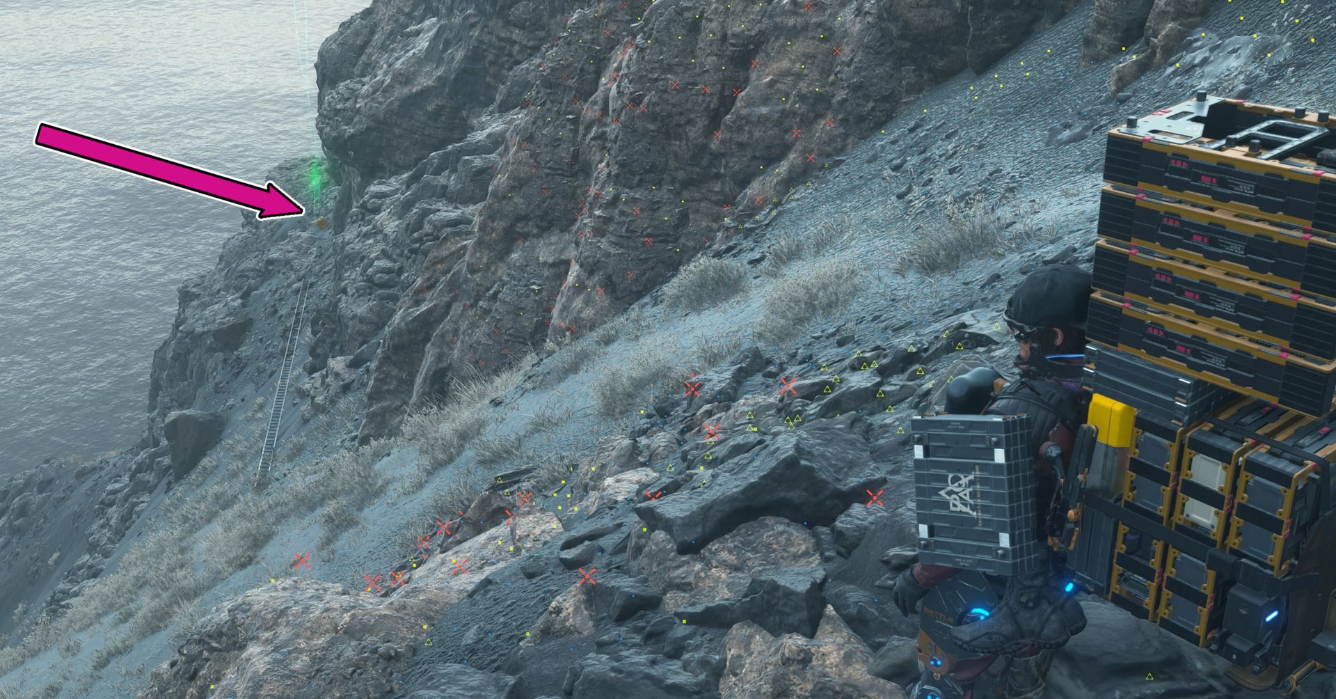 A Death Stranding 2 screenshot showing a cliff and a ladder working as a bridge to reach a distant portion of the cliff.