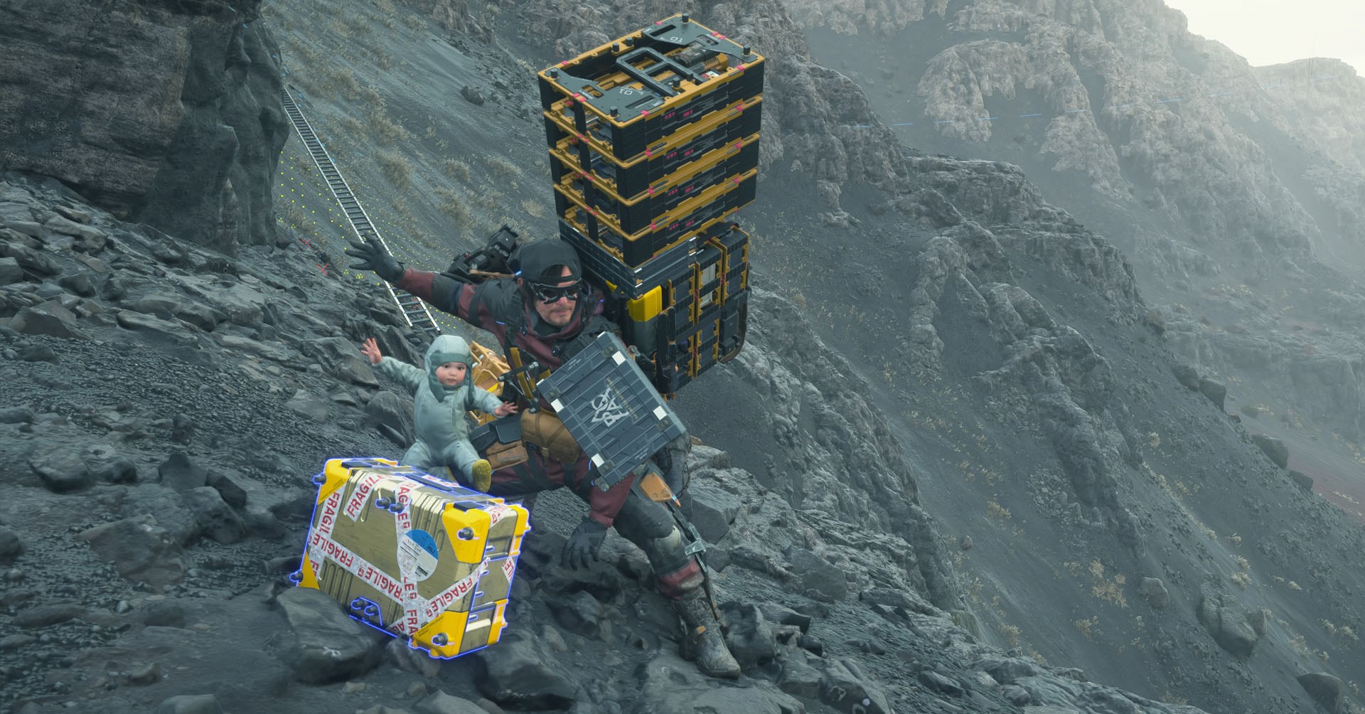 A Death Stranding 2 screenshot showing Sam posing with a baby with their arms open beside a shiny yellow box.