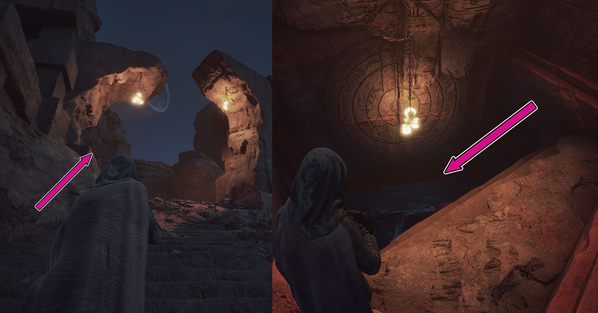 A montage of two Dune: Awakening screenshots showing the path to the entrance to the second Trial of Aql.