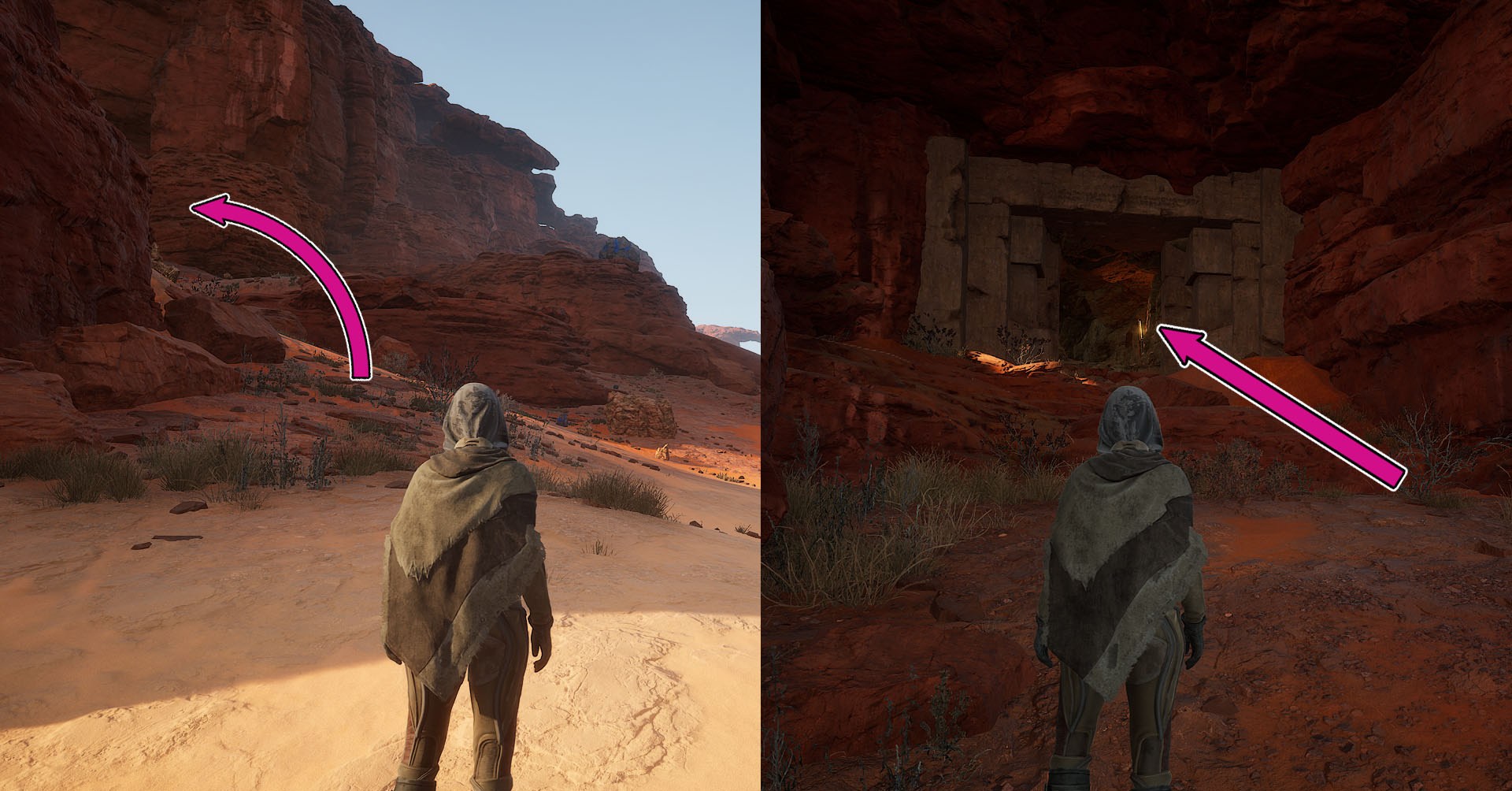 A montage of two Dunge: Awakening screenshots showing the path to the entrance of the first Trial of Aql.