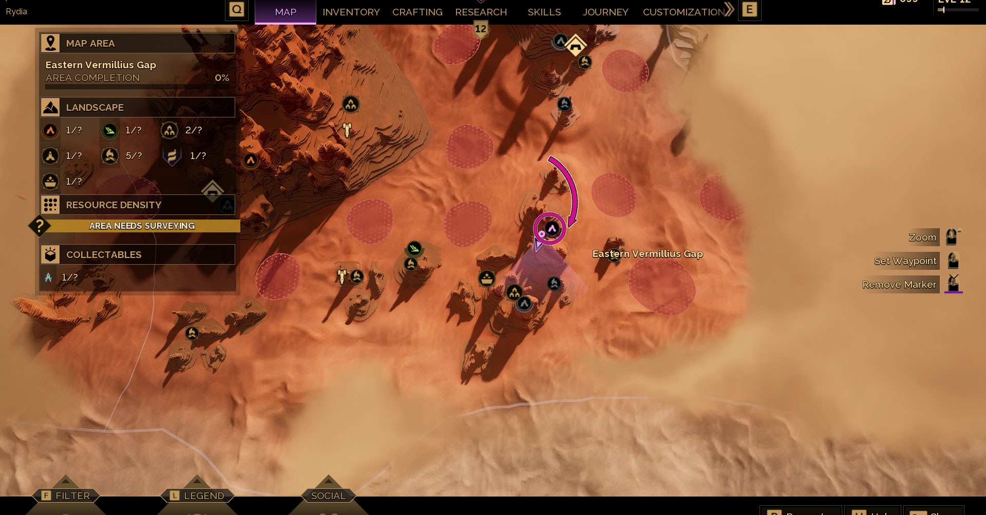 A Dune: Awakening screenshot showing the map of the Eastern Vermeillius Gap region and where the second Trials of Aql is located.