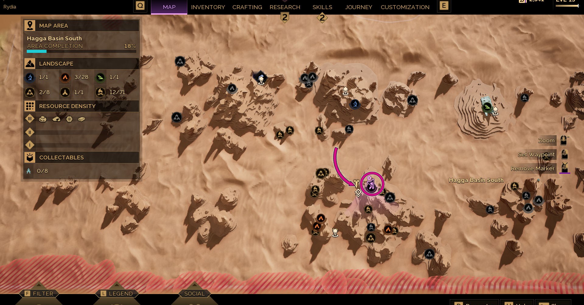 A Dune: Awakening screenshot showing the map of the Hagga Basin South region and the location of the first Trial of Aql.