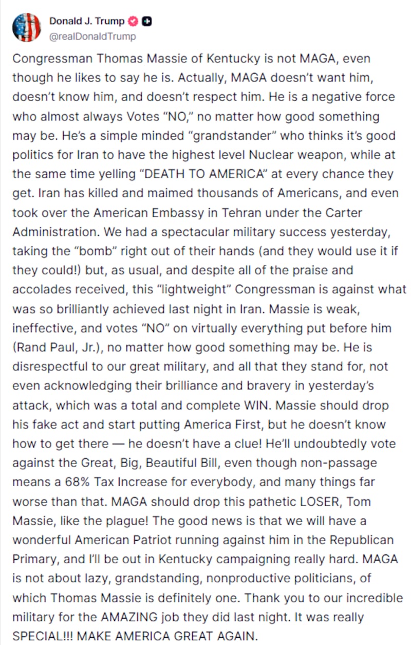Donald Trump ranted against Massie's defections in a post on Truth Social