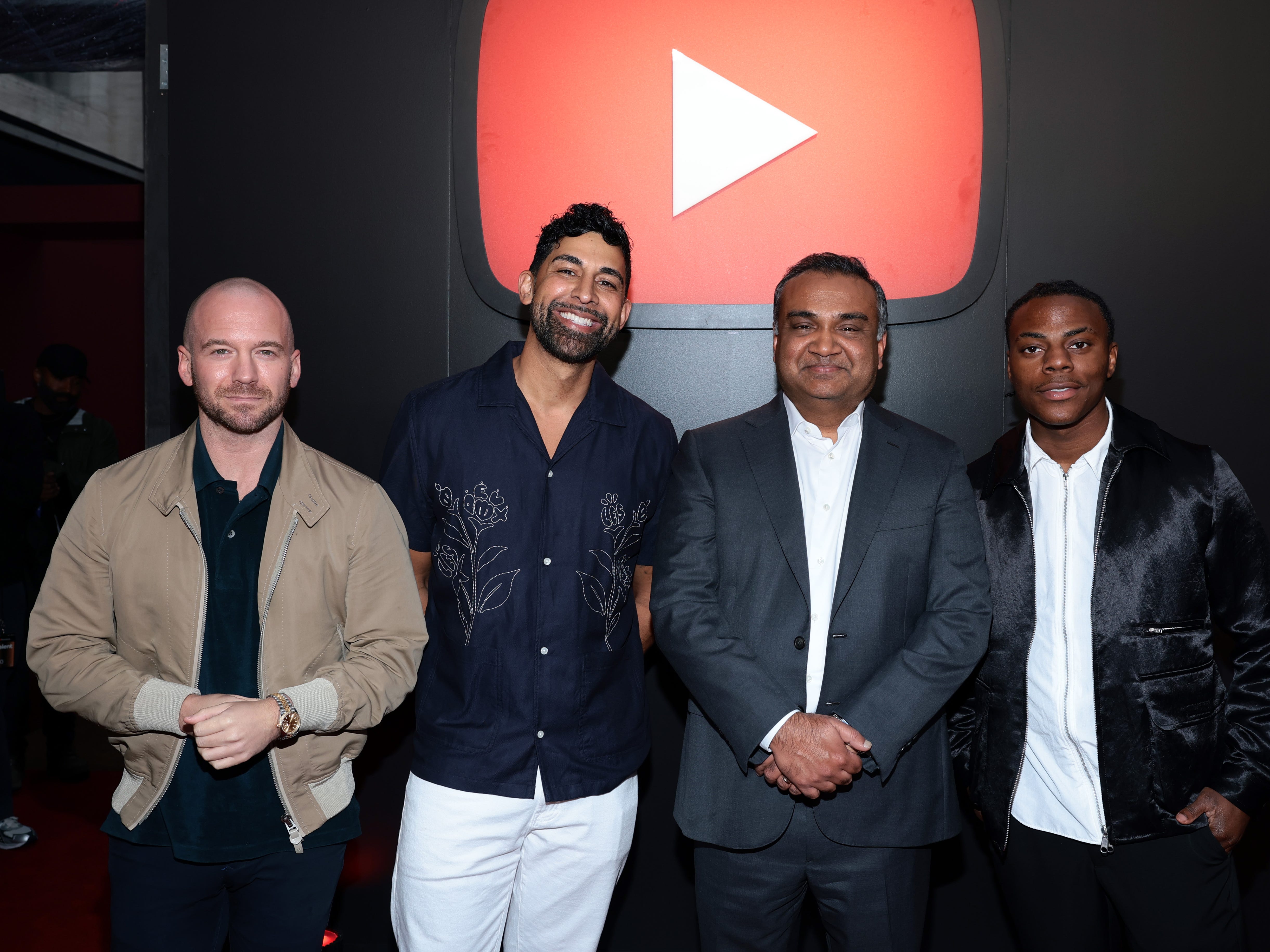NEW YORK, NEW YORK - MAY 14: (L-R) Sean Evans, Dhar Mann, Neal Mohan, CEO, YouTube, and IShowSpeed attend YouTube Brandcast 2025 at David Geffen Hall on May 14, 2025 in New York City. (Photo by Dimitrios Kambouris/Getty Images for YouTube)