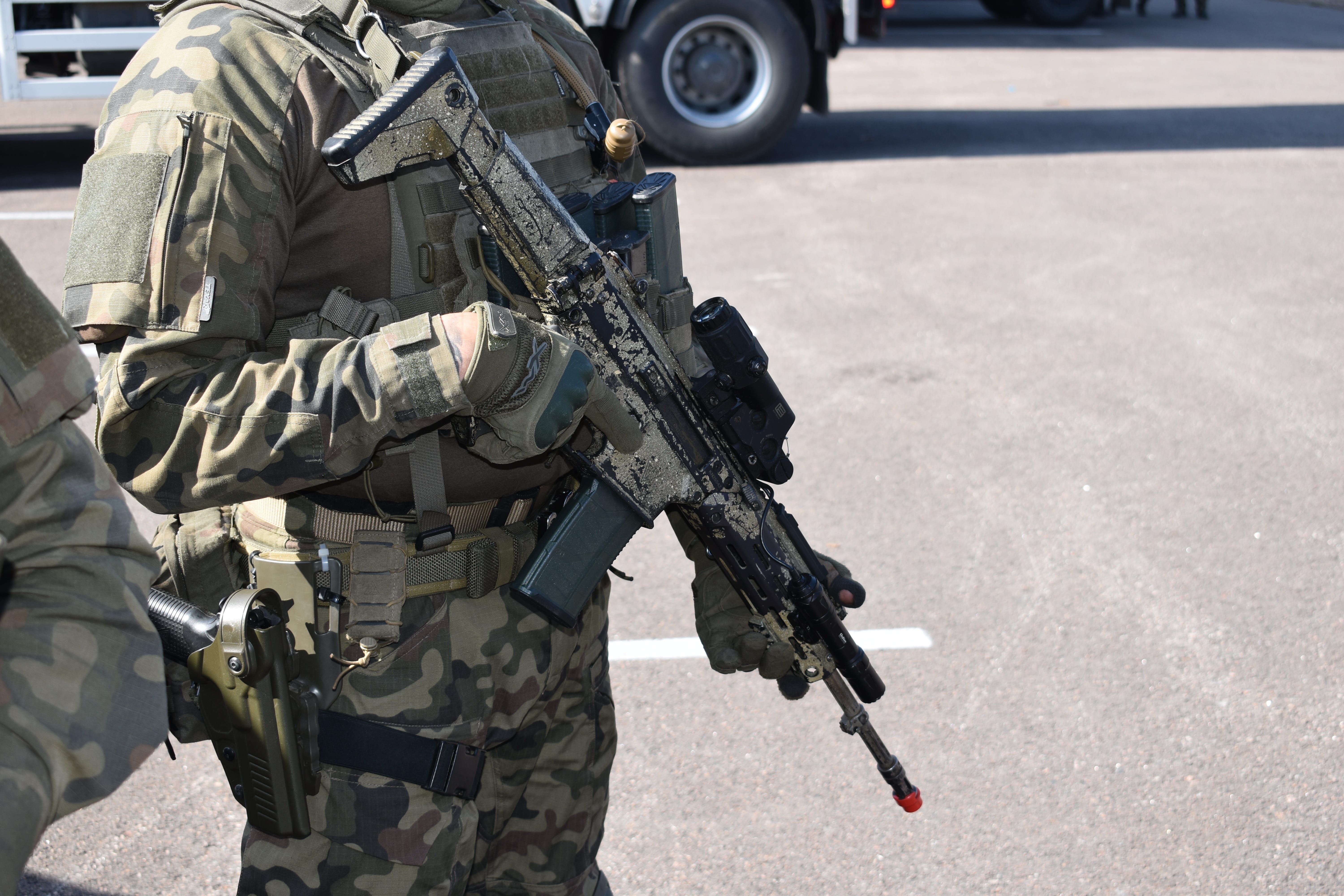 A Polish paratrooper holds his MSBS Grot during the Lively Sabre 25 exercise in Finland in May.