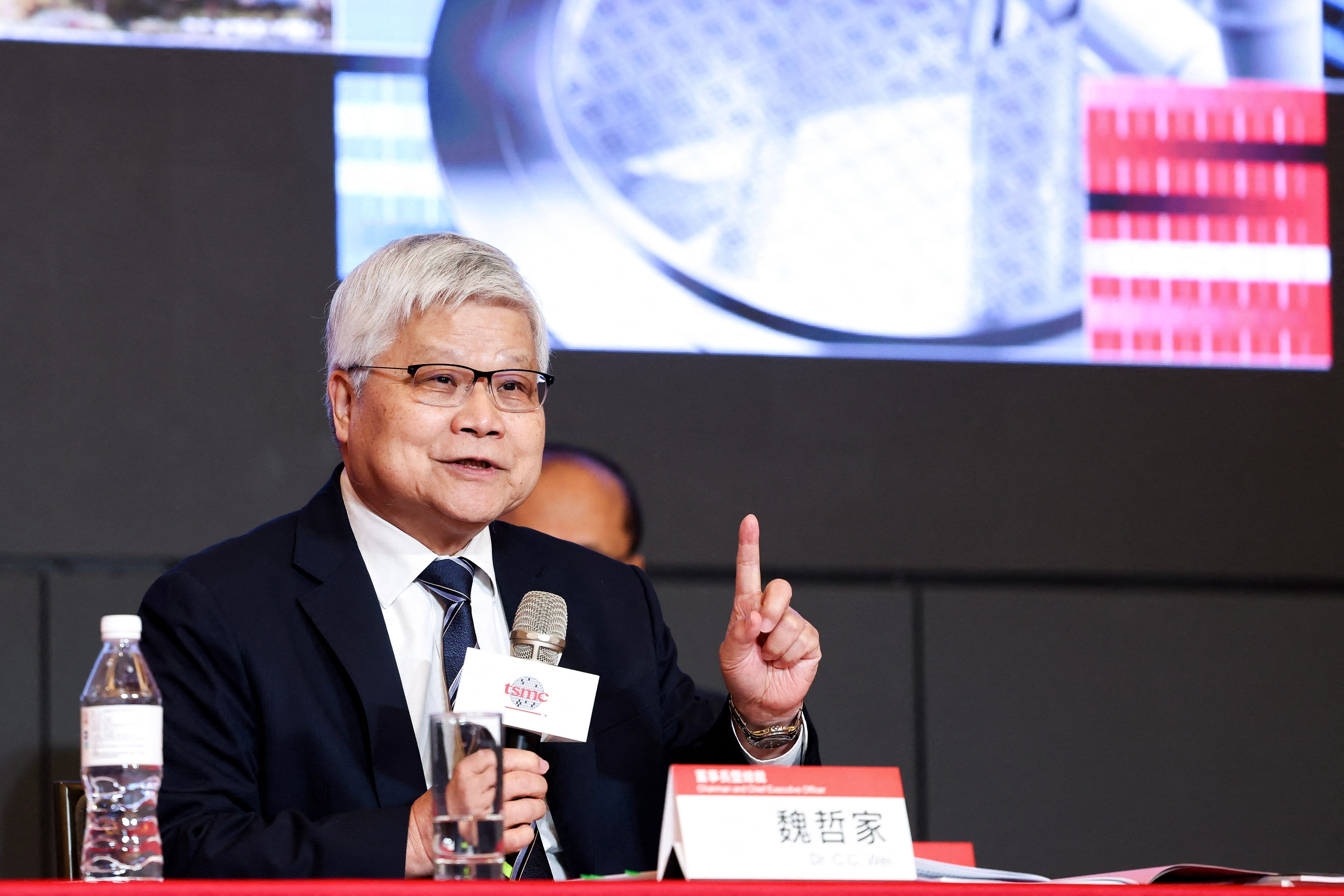 TSMC CEO CC Wei seated speaking.