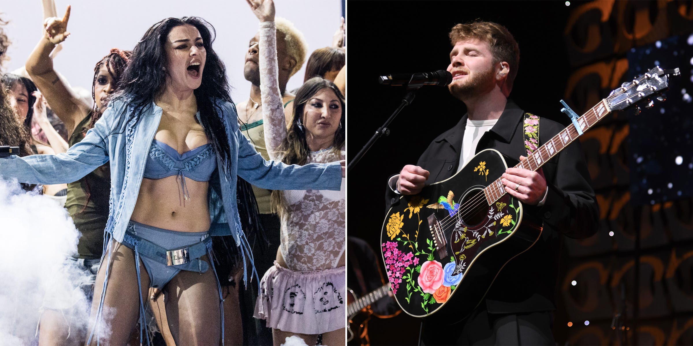 Charli XCX performing at the 2025 Grammys, left, and Alex Warren performing at the 2024 Jingle Ball.
