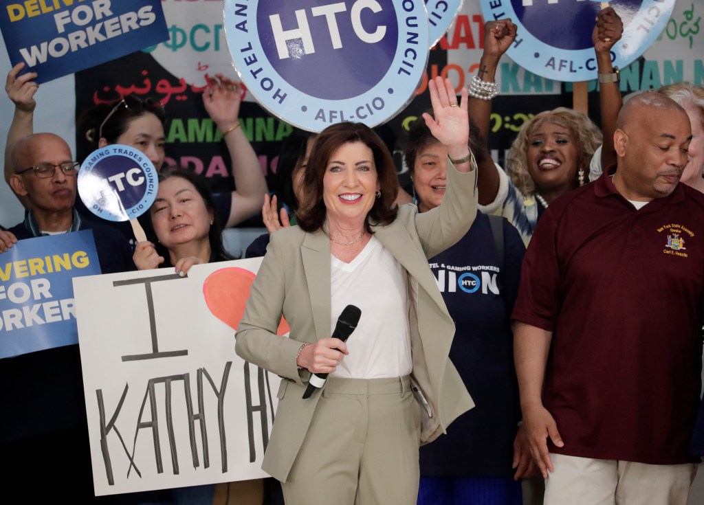 Governor Kathy Hochul speaking at a rally announcing increased unemployment benefits.