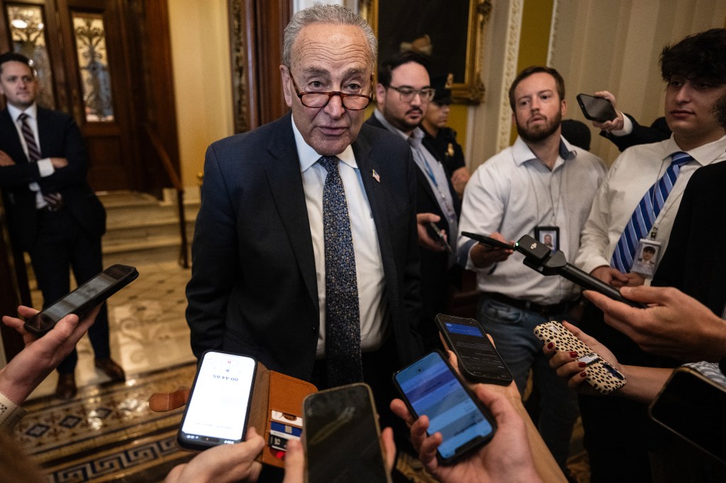 Senate Minority Leader Chuck Schumer, Democrat from New York, speaks with reporters outside the Senate Chamber at the US Capitol in Washington, DC, on June 30, 2025.