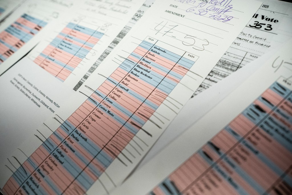 Documents tracking Senate votes are seen at the US Capitol as Republican lawmakers struggle to pass U.S. President Donald Trump's sweeping spending and tax bill, on Capitol Hill in Washington, D.C., U.S., July 1, 2025.