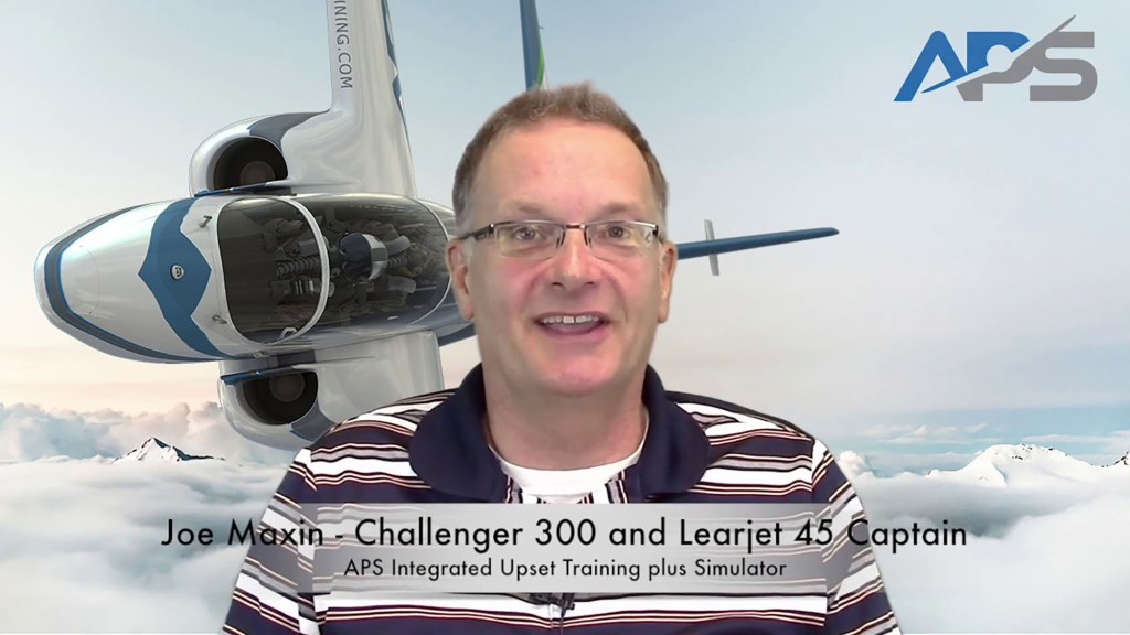 Joe Maxin, Challenger 300 and Learjet 45 captain, in front of a plane illustration.