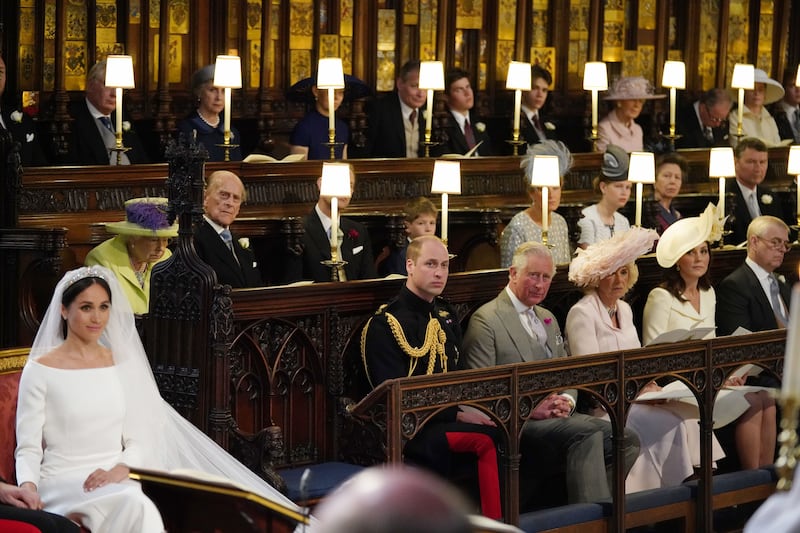 WINDSOR, UNITED KINGDOM - MAY 19: Queen Elizabeth II looks on during  the wedding of Prince Harry to Meghan Markle on May 19, 2018 in Windsor, England. (Photo by  Jonathan Brady - WPA Pool/Getty Images)