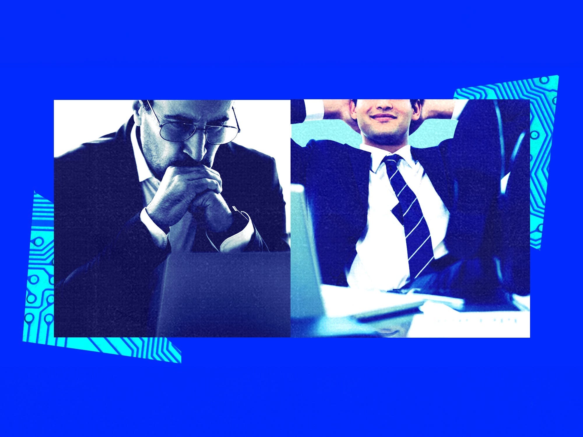 Photo illustration of man hunched at desk and man relaxed at desk