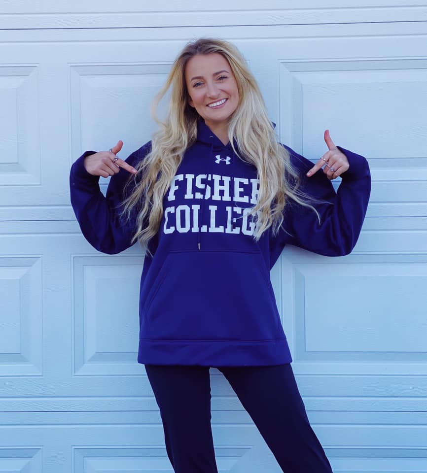 Woman in Fisher College sweatshirt.