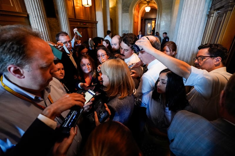 GOP Senator Lisa Murkowski surrounded by reporters after she voted "yes" for President Donald Trump’s so-called One Big Beautiful Bill Act on July 1, 2025 after receiving concessions from GOP leaders for her state.