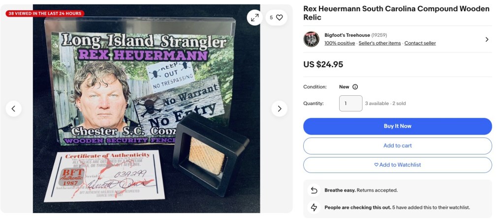 eBay listing for a piece of Rex Heuermann's fence, presented with a photo and certificate of authenticity.