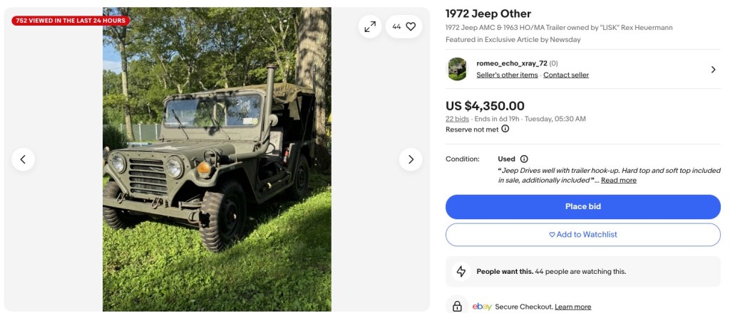 eBay listing for a 1972 Jeep AMC, featured in a Newsday article.
