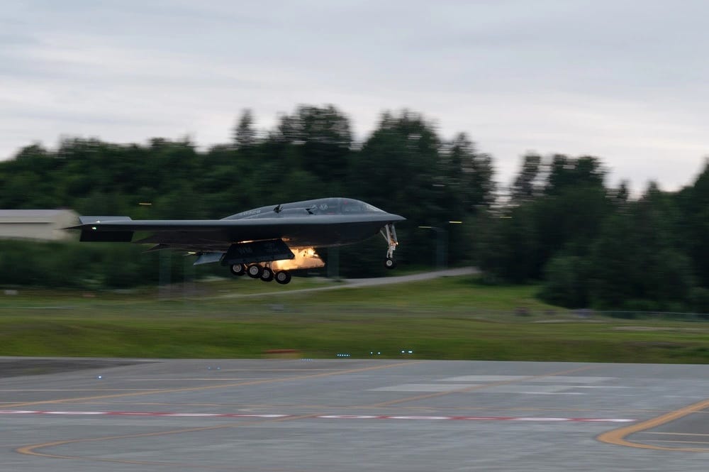 A B-2 Spirit prepares to land on the runway