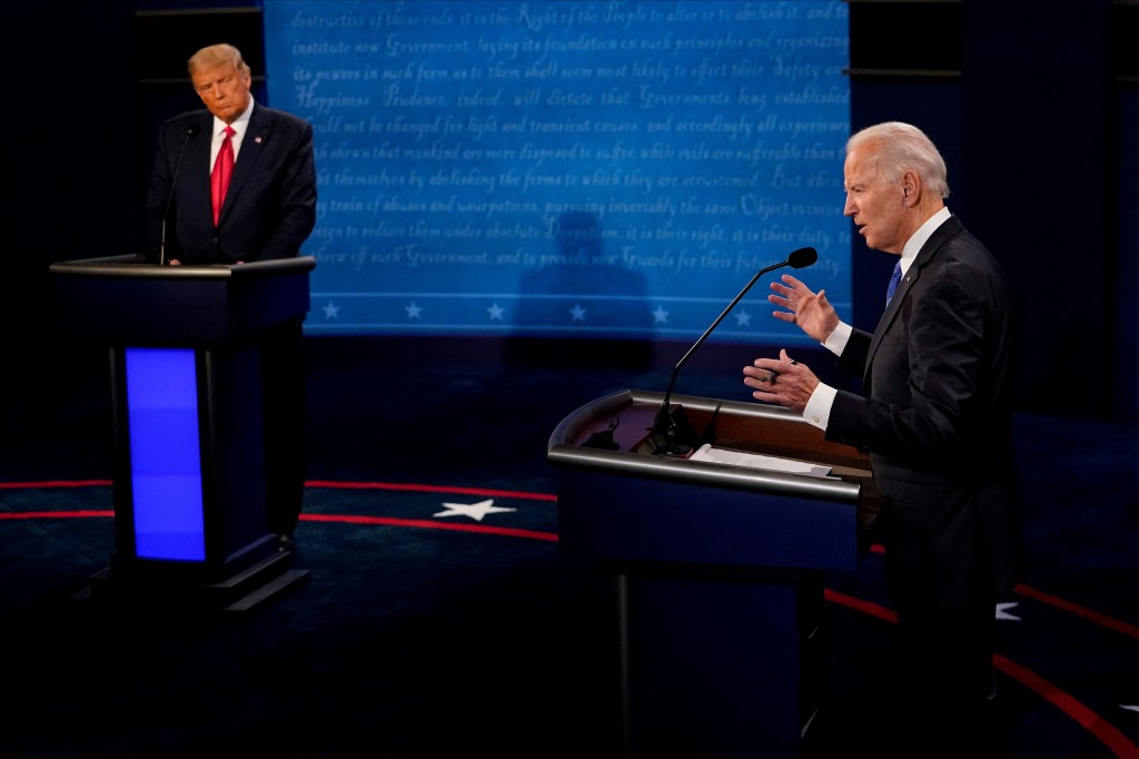 Biden and Trump at a presidential debate.