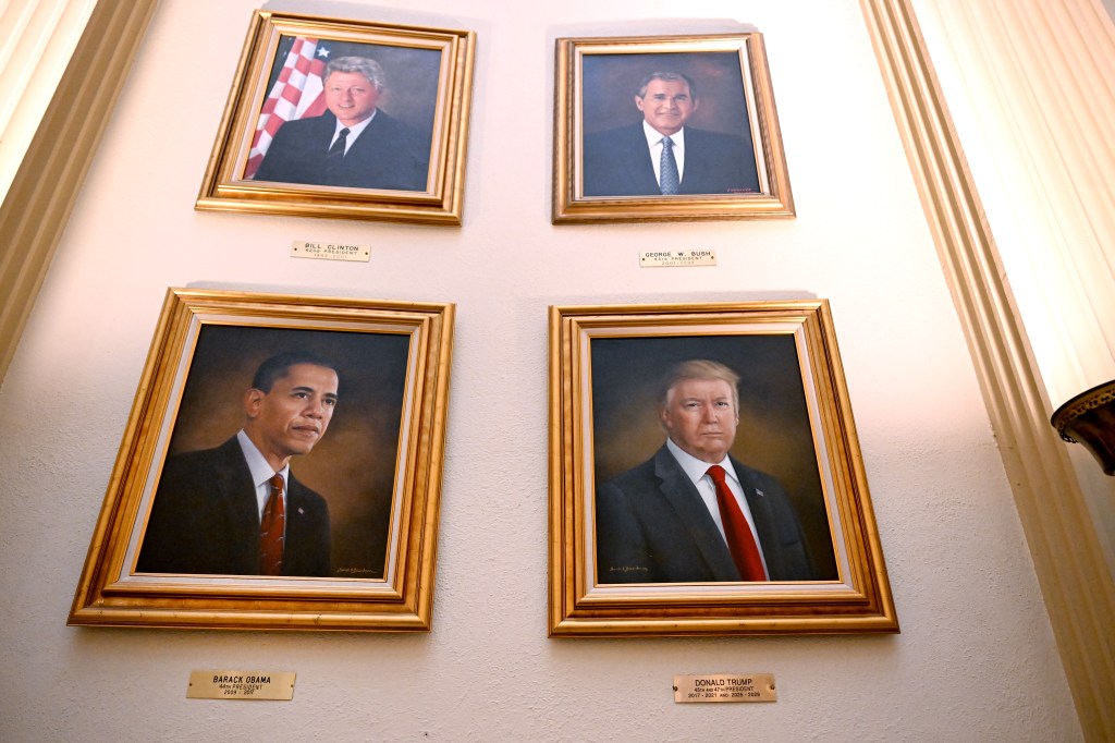 Portraits of Bill Clinton, George W. Bush, Barack Obama, and Donald Trump displayed at the Colorado State Capitol.