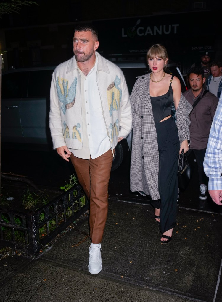 Travis Kelce and Taylor Swift arrive at SNL Afterparty on October 15, 2023 in New York City. 