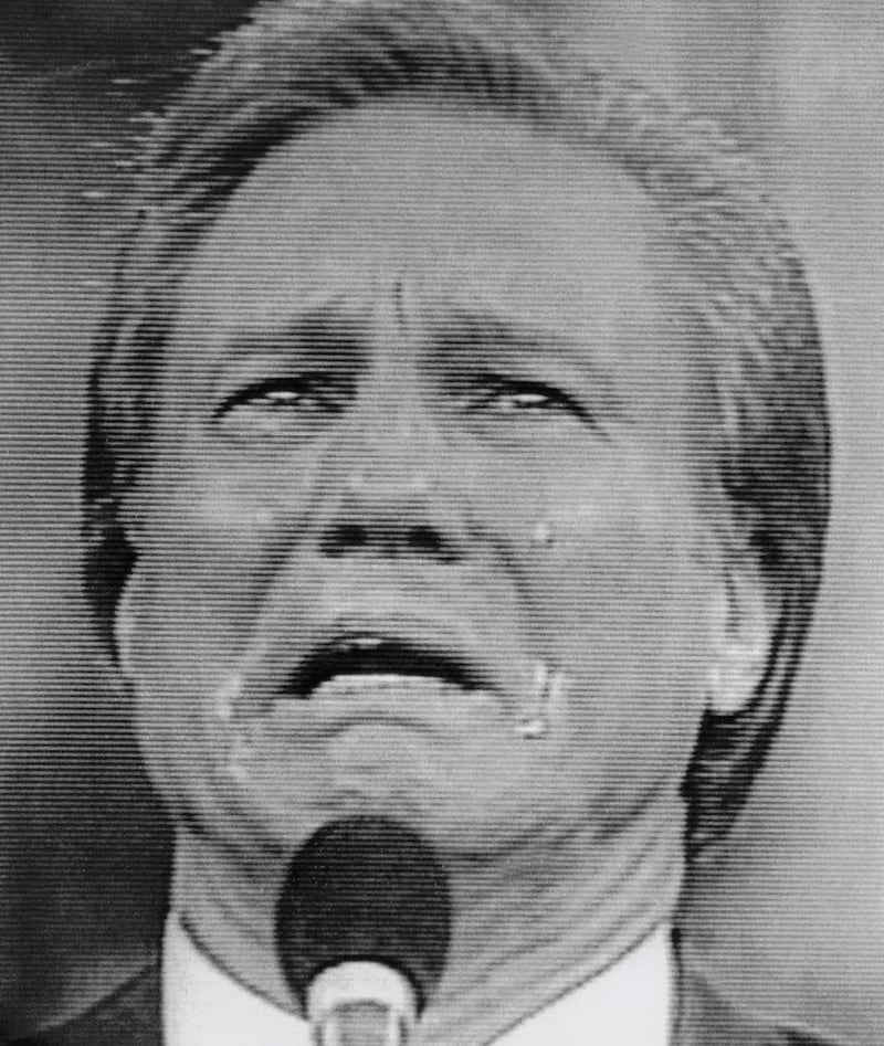 Reverend Jimmy Swaggart tearfully looks up to heaven, asking for God's forgiveness, as he resigns from his ministry on February 21 due to allegations of sexual misconduct. (Photo taken of videotape supplied by Jimmy Swaggart Ministry to WBRZ-TV).