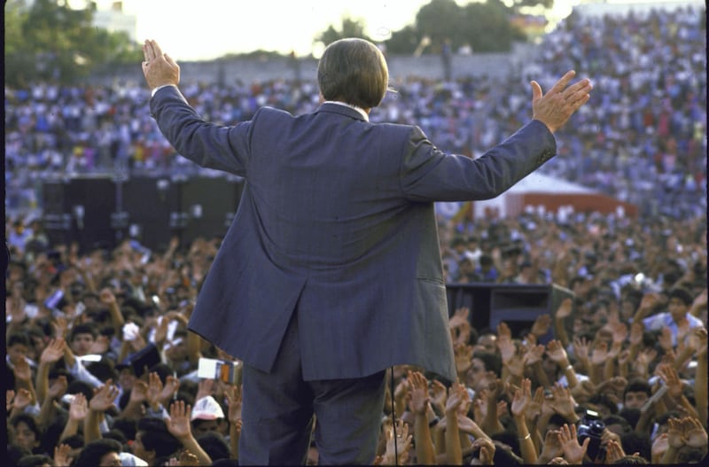 TV evangelist Jimmy Swaggart holding huge crowd spellbound, preaching at Flora Blanca Stadium.    (Photo by Cindy Karp/Getty Images)