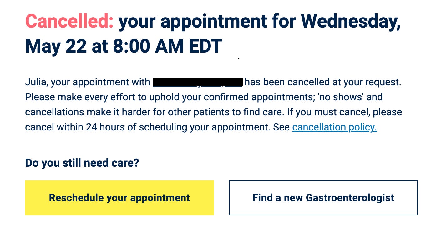A screnshot of a ZocDoc canceled appointment
