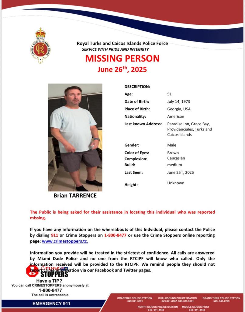 Missing person poster for Brian Tarrence.