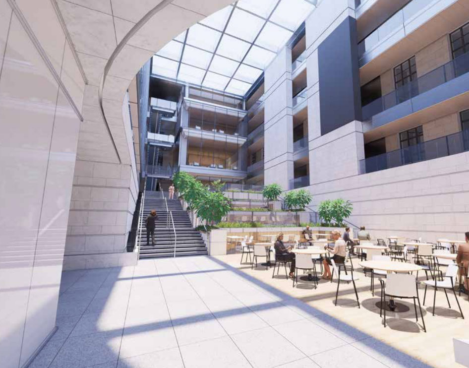 Rendering of a modern building's atrium with stairs, seating areas, and plants.