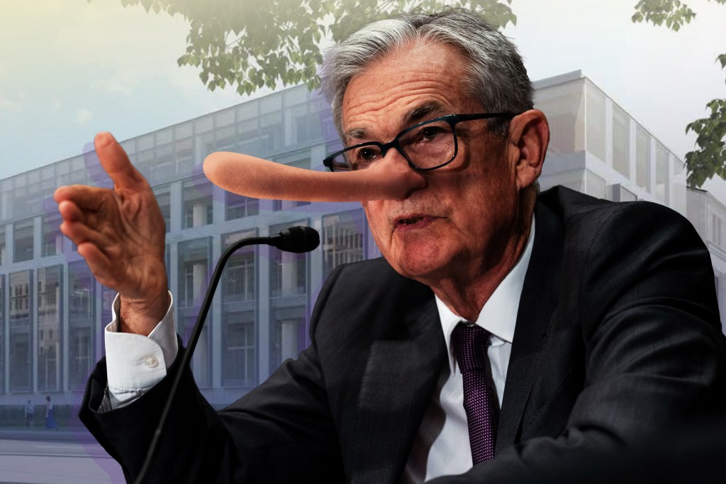 Illustration of Jerome Powell with a comically large nose, in front of the Federal Reserve building.