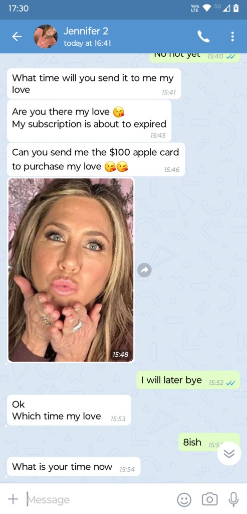 Screenshots of a Facebook Messenger conversation showing an AI scam where a user received messages and photos from a fake Jennifer Aniston profile.