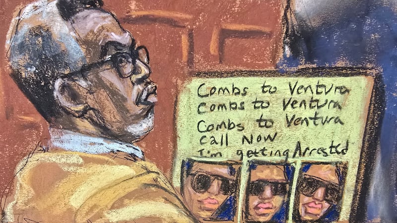 Courtroom sketch of Combs looking at texts between him and Ventura.