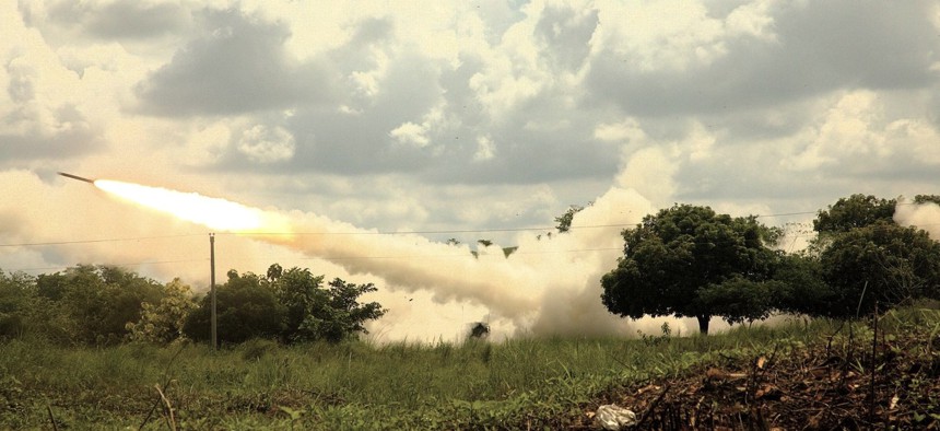 Soldiers from 5-3 Long Range Fires Battalion and Philippine Army Artillery Regiment fire an M142 HIMARS during a live-fire exercise on June 30, 2025, at Fort Magsaysay Military Reservation, Philippines.