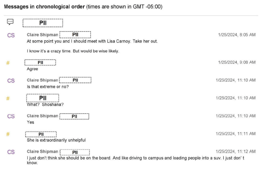 Screenshot of message exchange with Claire Shipman