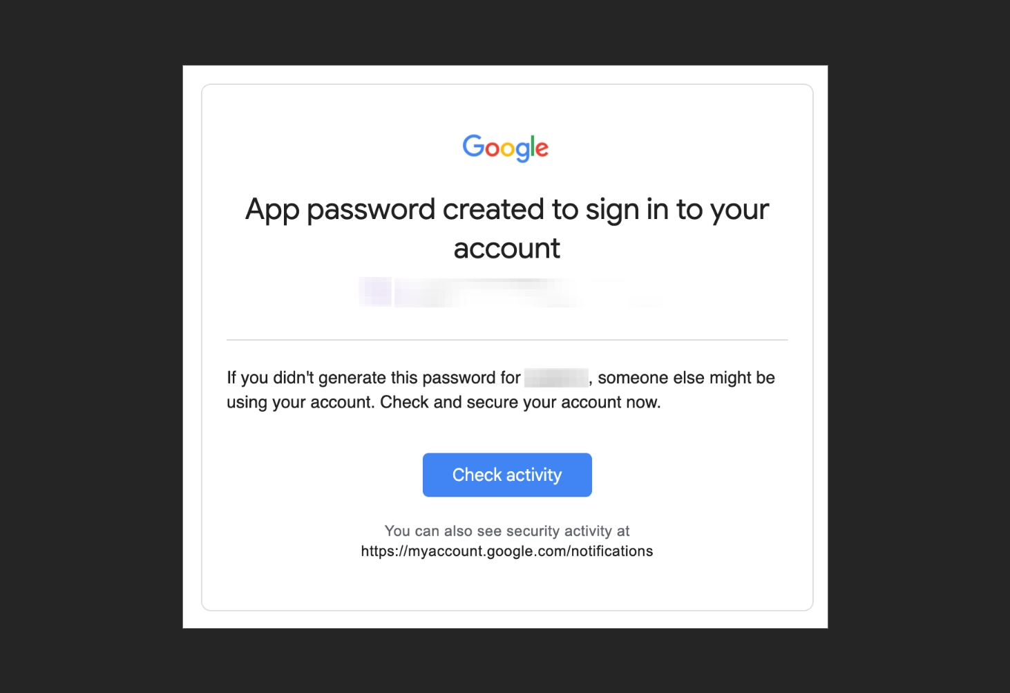 Google’s application-specific password notification.