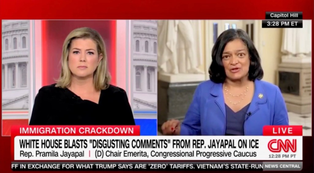 CNN interview segment featuring Rep. Pramila Jayapal discussing criticism of her comments on ICE.