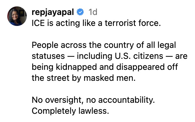 Screenshot of Rep. Jayapal's Instagram post calling ICE a terrorist force.